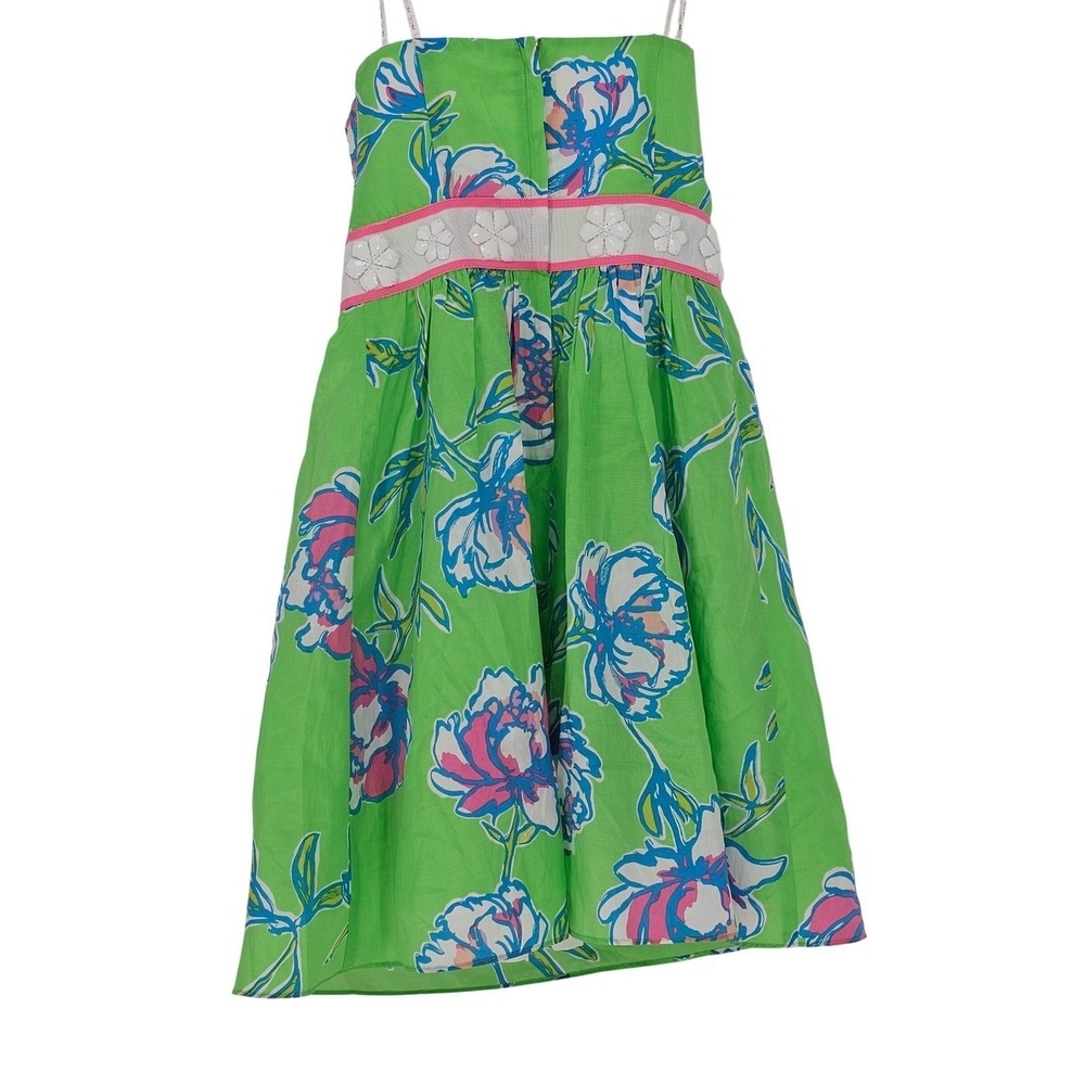 Lilly Pulitzer Langley Silk Cotton Strapless Dress 00 Green Floral Beaded Preppy - Picture 3 of 16